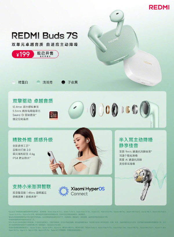 REDMI Buds 7S正式开售 百元即可享受半入耳降噪