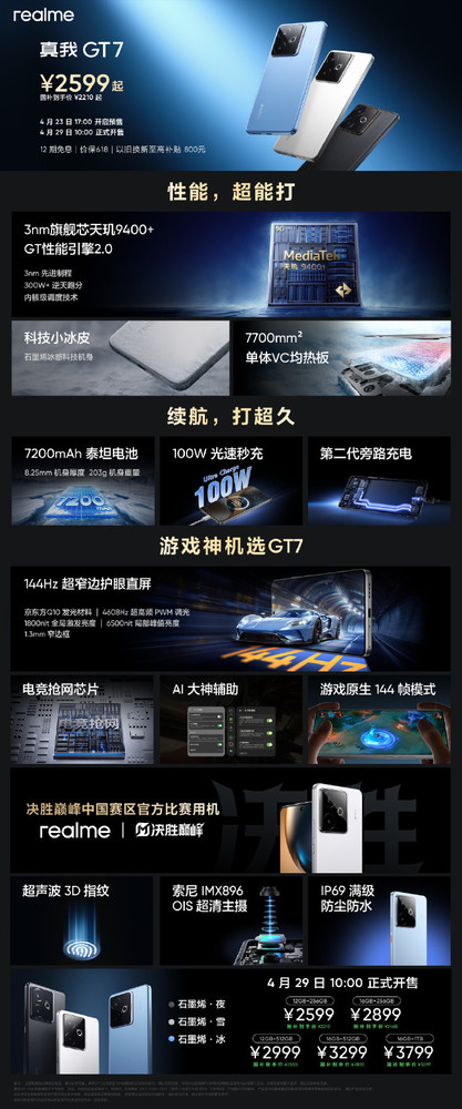 真我GT 7正式开售 天玑9400＋7200mAh 2210元起售
