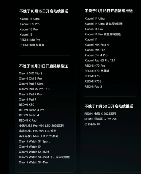 小米澎湃OS 3正式版推送计划公布 15系列10月可升级