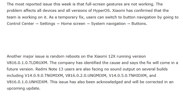 小米发布HyperOS周度问题报告 多款机型存在重启故障