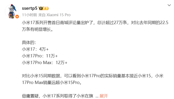 小米17系列開售首日評(píng)論量超27萬條 Max機(jī)型最高