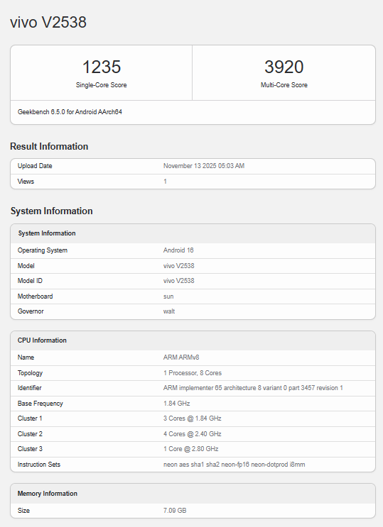 vivo V70新机现身Geekbench平台 多核成绩近4000分