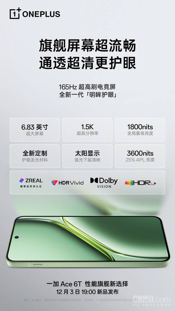 一加李杰：Ace 6T搭载索尼IMX906主摄 12月3日发布