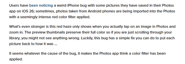 iOS 26现离奇Bug：部分安卓拍摄照片在相册中异常偏红