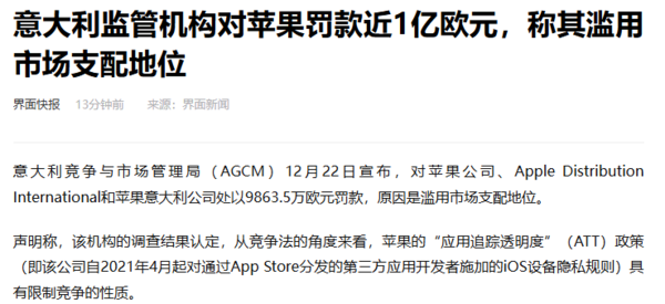 意监管机构对苹果罚款近1亿欧元 因滥用市场支配地位