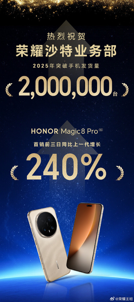 荣耀王班：2025年荣耀沙特业务部手机发货量破200万台