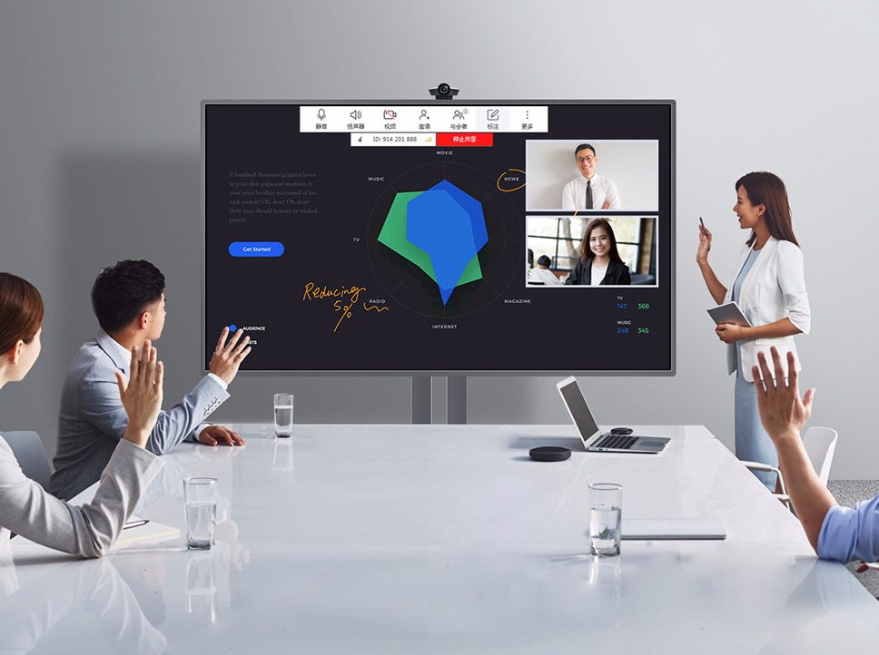 图片展示了一场视频会议，四位参与者正在通过大屏幕交流，其中一位女士正在站立讲解，其他三人在屏幕上。