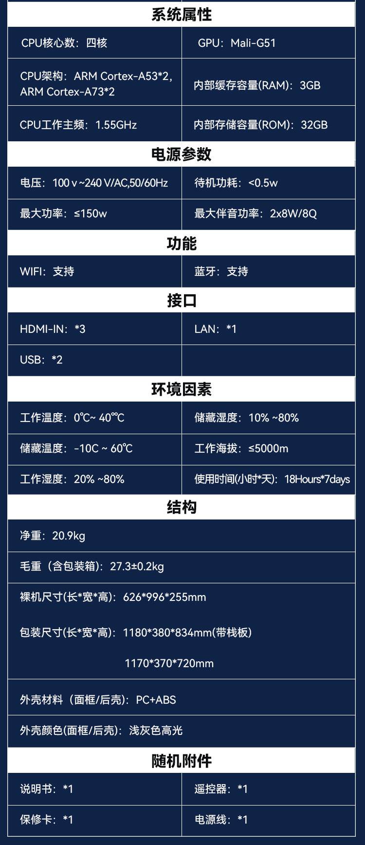 FPD双面屏电视参数配置及包装